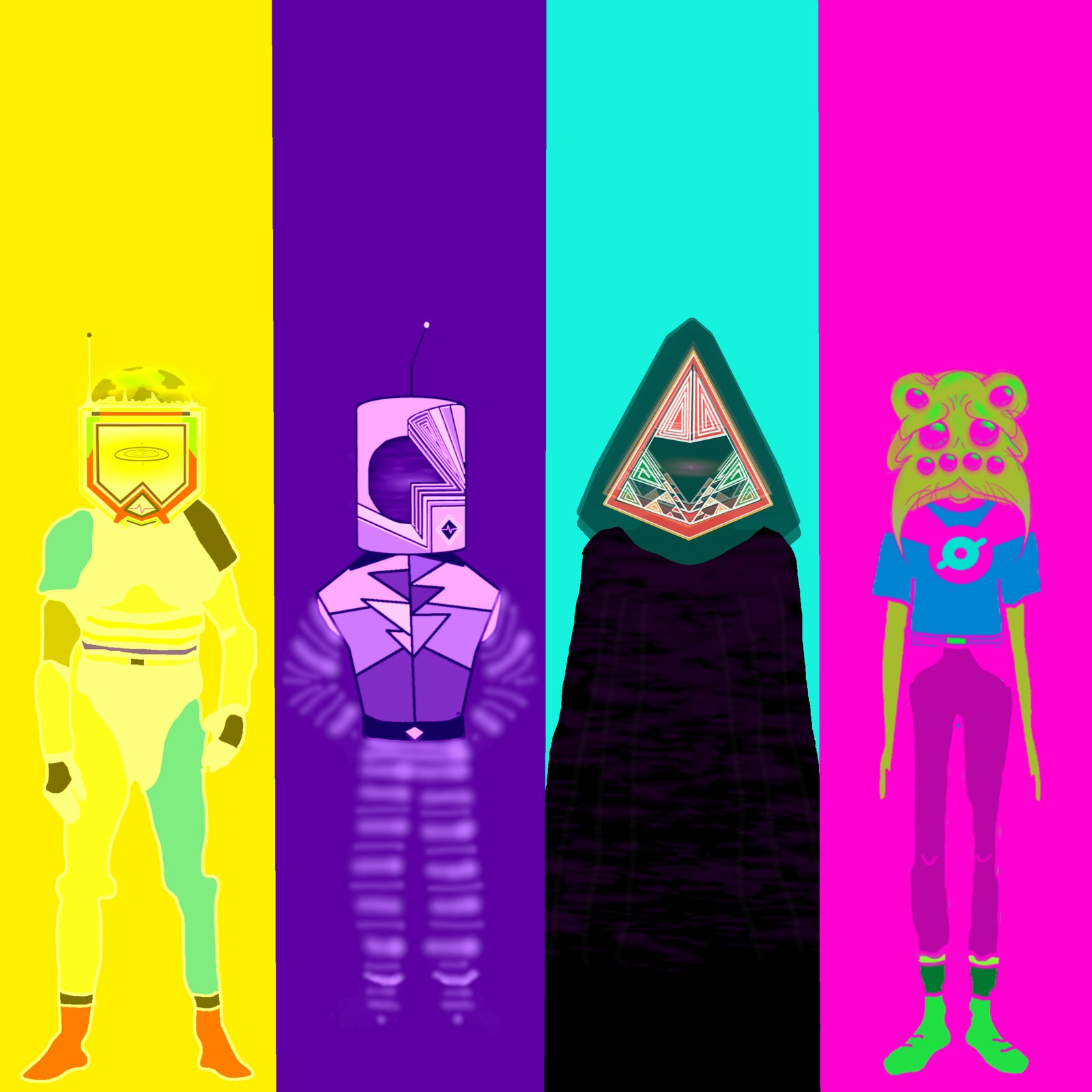 The four members of Mogadishu Night Club standing in front of yellow, purple, cyan and pink stripes