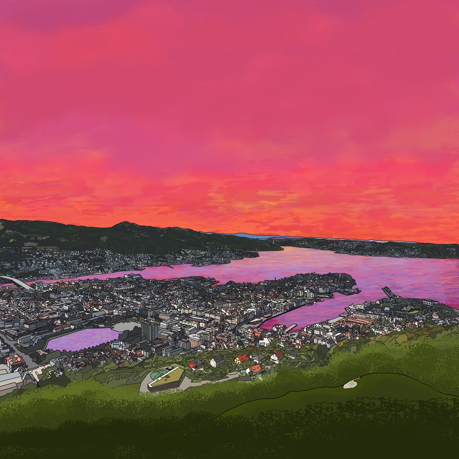 Digital drawing of Bergen from above under a pink and orange sky