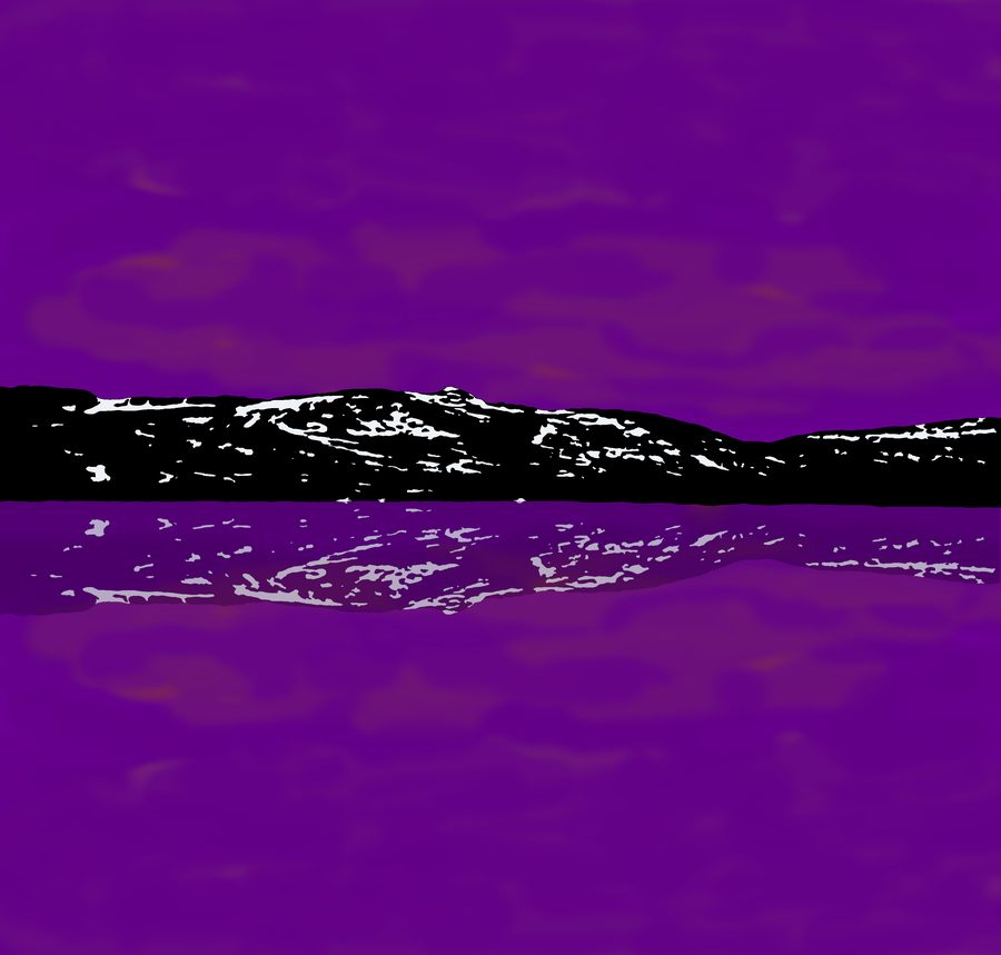 Black and white snowy ridge mirrored in still purple water