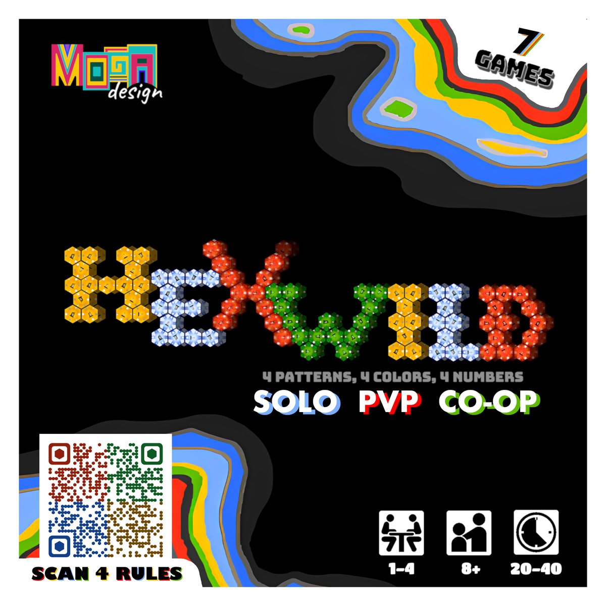 HexWild box front: the HexWild logo made of hexagon cards, Solo, PvP and Co-op, 1–4 players, ages 8+, 20–40 minutes