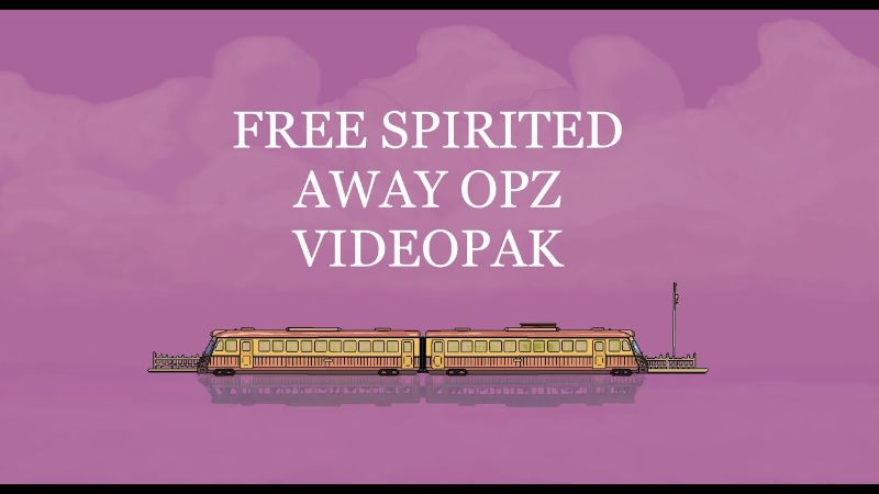 Pink sky with a small train crossing water and the words Free Spirited Away OPZ Videopak