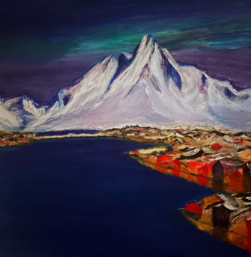 Painting of a sharp snowy peak under green northern lights, red houses by dark water