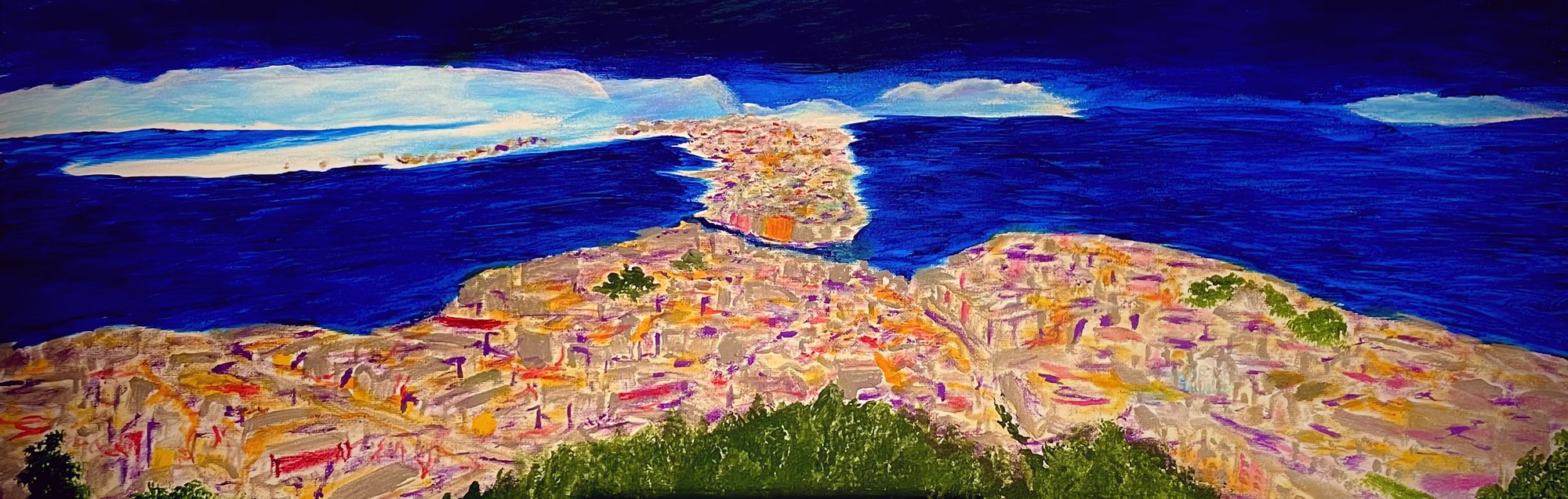 Long panorama painting of a city on a peninsula surrounded by deep blue water