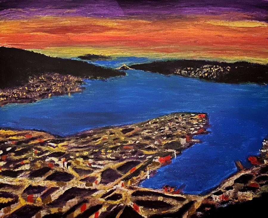 Painting of Bergen's city lights and fjord under an orange and purple sunset