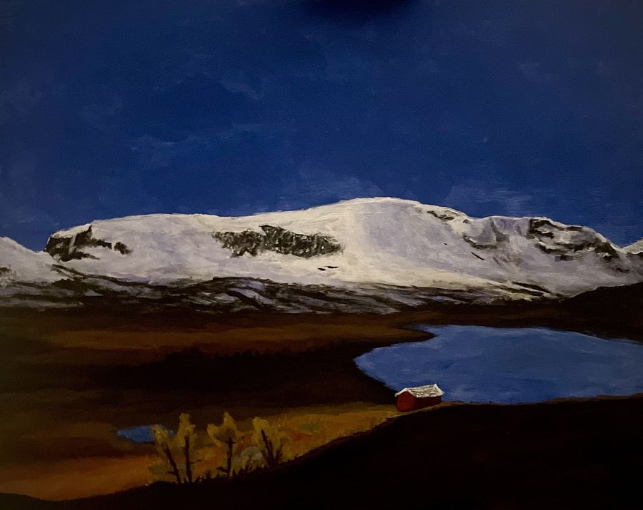 Painting of a wide snowy mountain over a blue lake with a small red cabin