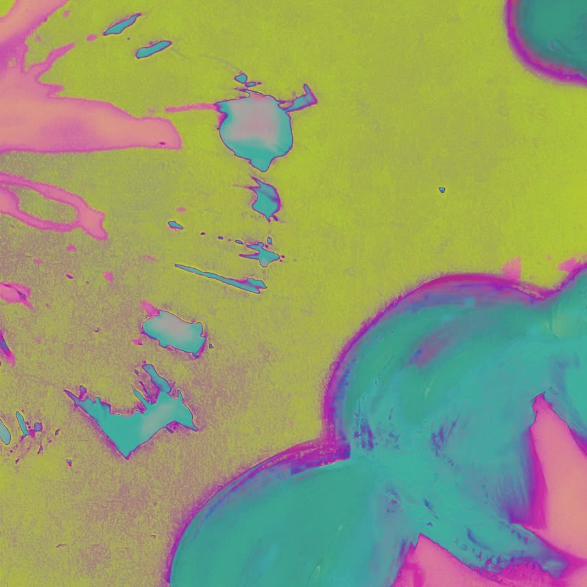 Abstract: lime field with teal and pink shapes
